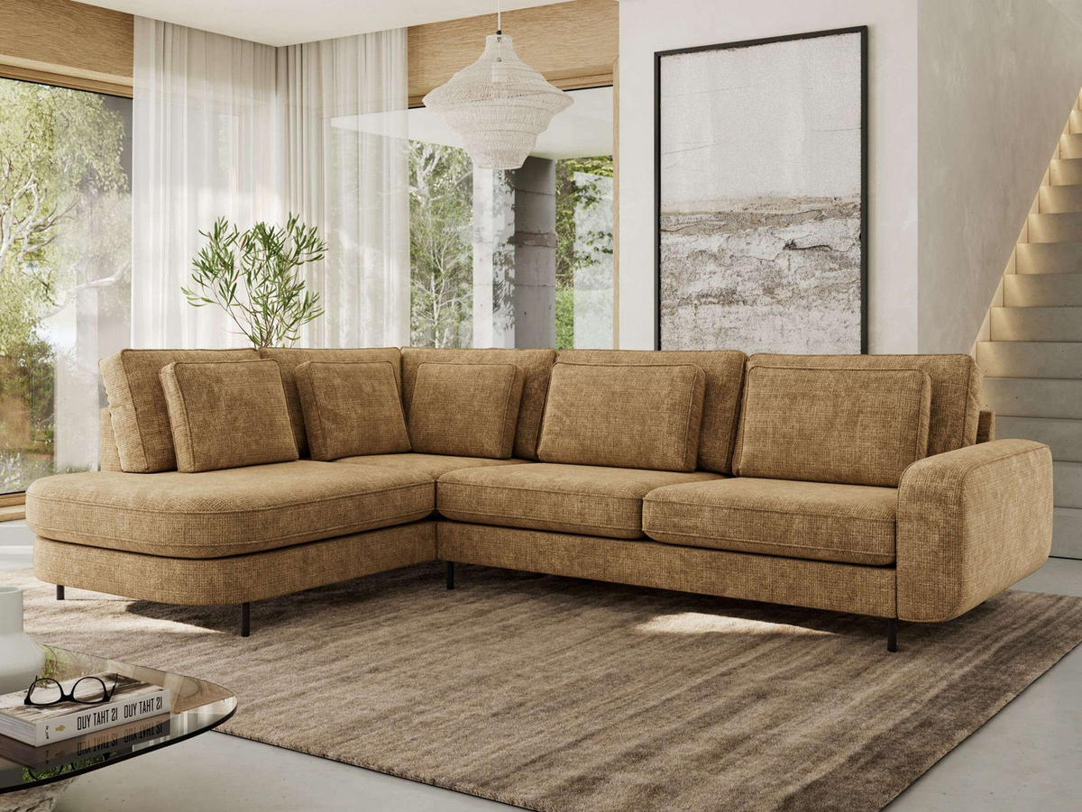 ROHOVÁ SEDAČKA CALENO L - Světle hnědá hladký senil - Pravá Strana - černá/světle hnědá, kov/textil (317/225cm) - MKS