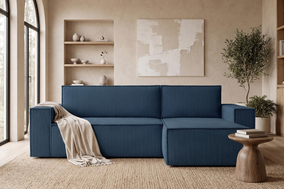 ECKSOFA-LINKS/RECHTS NAPI Schlaffunktion mit Cordbezug, blau - Blau/Schwarz, Textil (262/148cm) - KONSIMO®