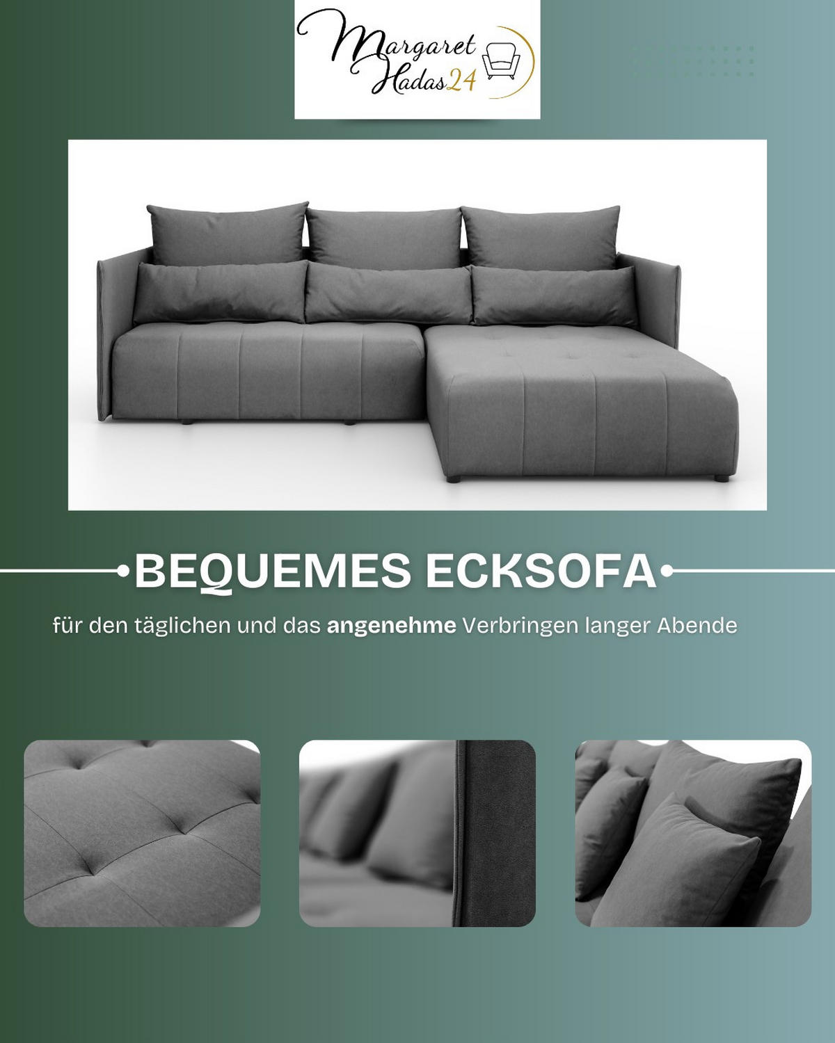 ECKSOFA L Form Hanna 246 x 188 cm mit Schlaffunktion und Bettkasten, 4 Sitzer, Bettzeugablage, Sofa, Eckcouch, dunkelgrau, rechts - Dunkelgrau, Kunststoff (188/246cm) - Margaret Hadas24