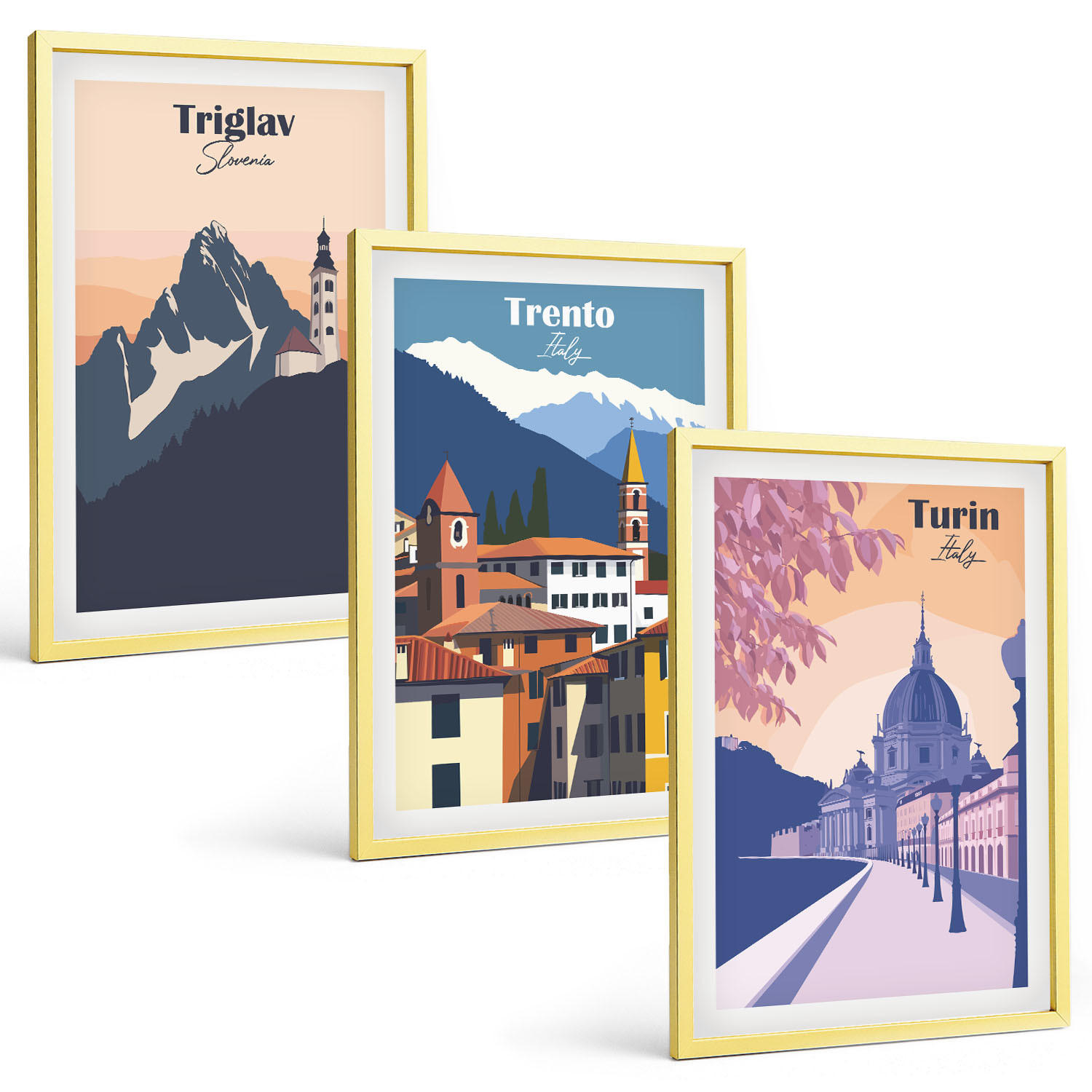 BILDER SET 3er Set - 40x60 cm Goldrahmen - Retro-Illustrationen zur Bergarchitektur - Goldfarben, Kunststoff (40/60cm) - TULUP