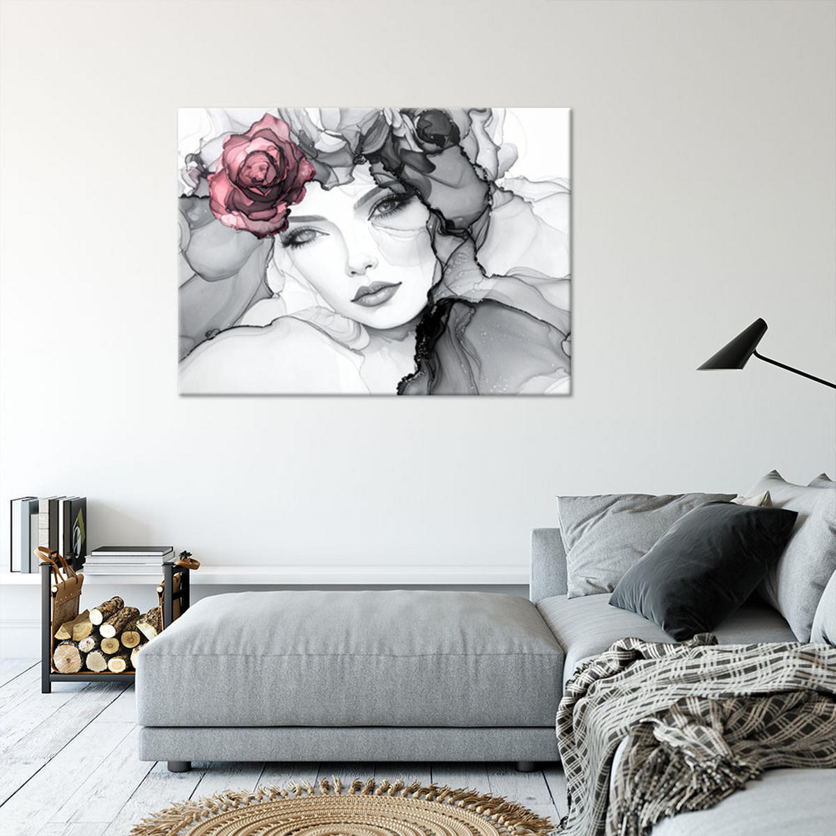 LEINWANDBILD Porträt einer Frau mit Blumen auf dem Kopf 120x80cm - Grau, Textil (120/80cm) - Feeby