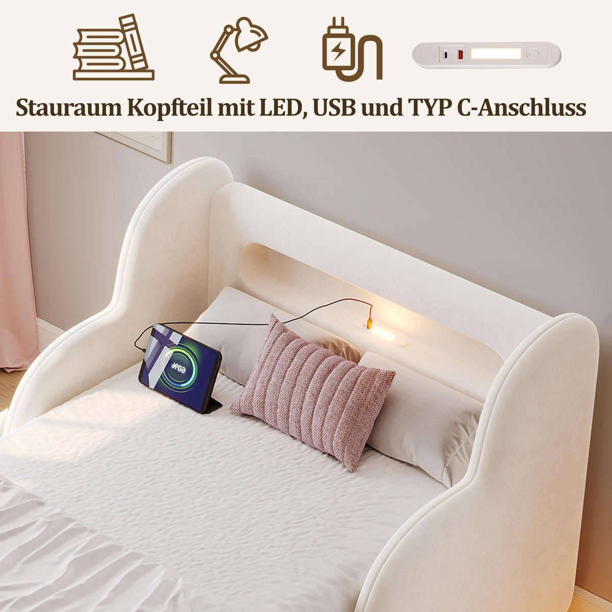 KINDERBETT 90/200 cm in Beige Samt mit Schutzgitter, Nachtlicht, USB und Type-C - Beige, Holzwerkstoff/Textil (90/200cm) - WISHDOR
