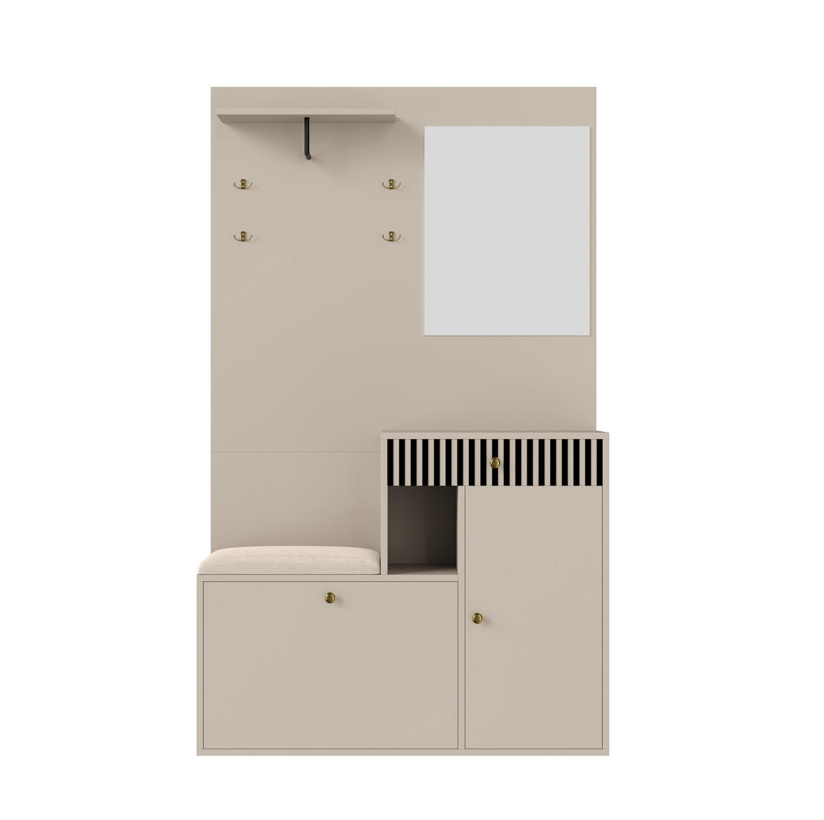GARDEROBENSET 110/37/185,5 cm mit Spiegel, gepolsterter Sitzfläche, Soft-Close und verstellbaren Regalen, Beige/Creme - Beige, Holzwerkstoff (110/185.5/37cm) - Redom