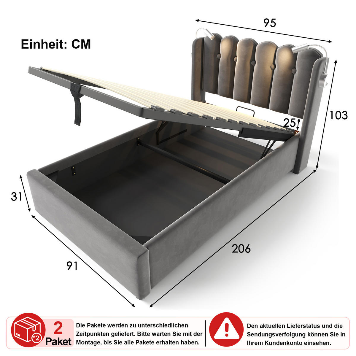 POLSTERBETT 90/200 cm in Grau Samt mit Bettkasten, Leselampe und USB - Grau, Holzwerkstoff/Textil (90/200cm) - CHICFURN