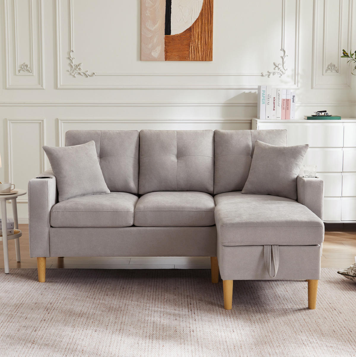 ECKSOFA Baumwolle-Leinen mit Stauraum und Getränkehaltern 175/129/90 cm Hellgrau mit 2 Kissen - Hellgrau, Textil (175/129cm) - Redom