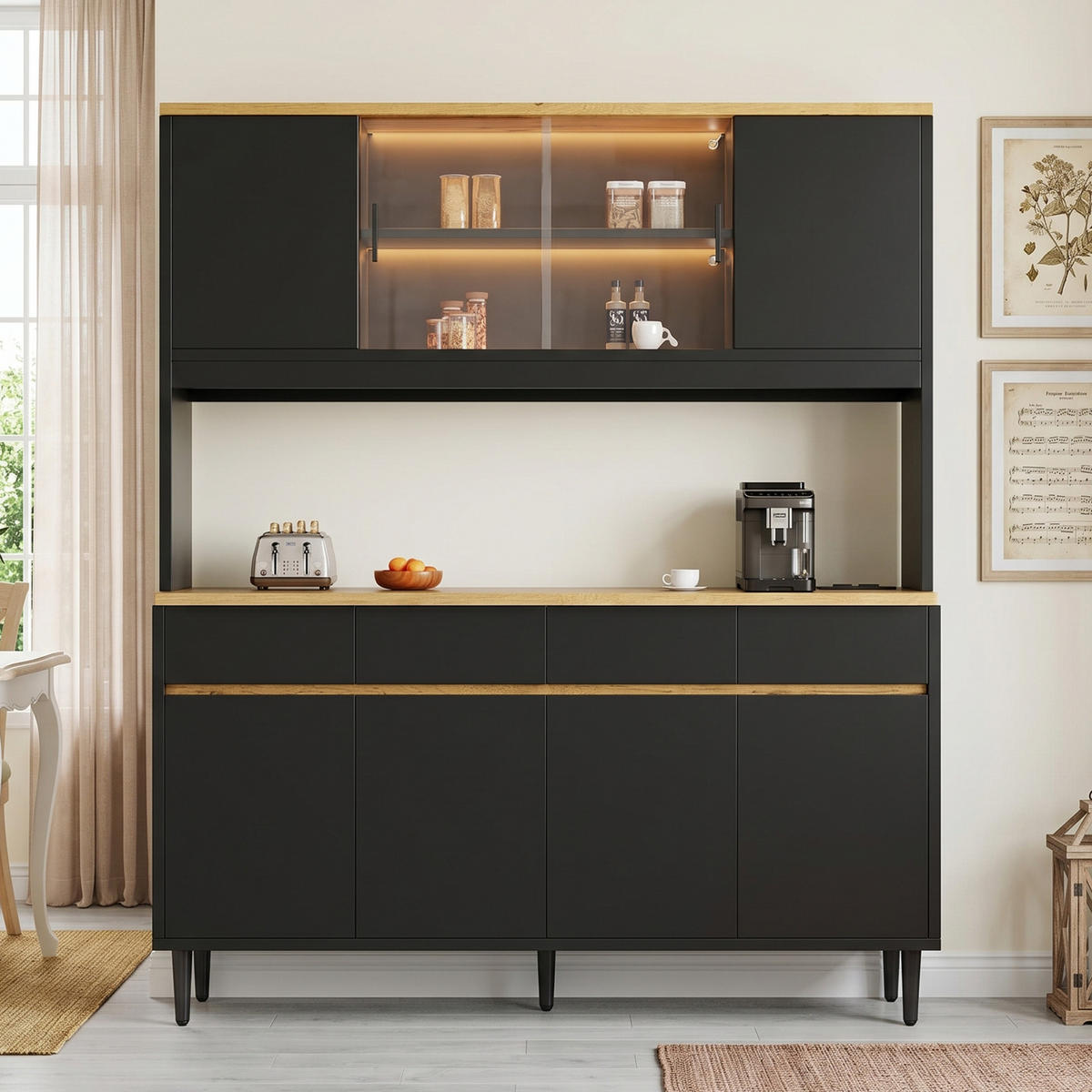 BUFFETSCHRANK 160x40x185cm LED Steckdose USB Schwarz Eiche - Schwarz, Holzwerkstoff (160/185/40cm) - FLIEKS