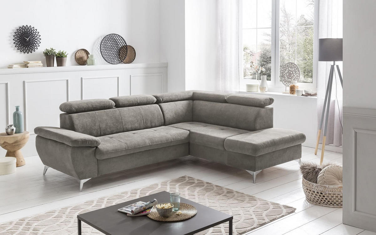 ECKSOFA mit Schlaffunktion und praktischem Bettkasten - Chromfarben/Grau, Textil/Metall (209/256cm) - Cotta