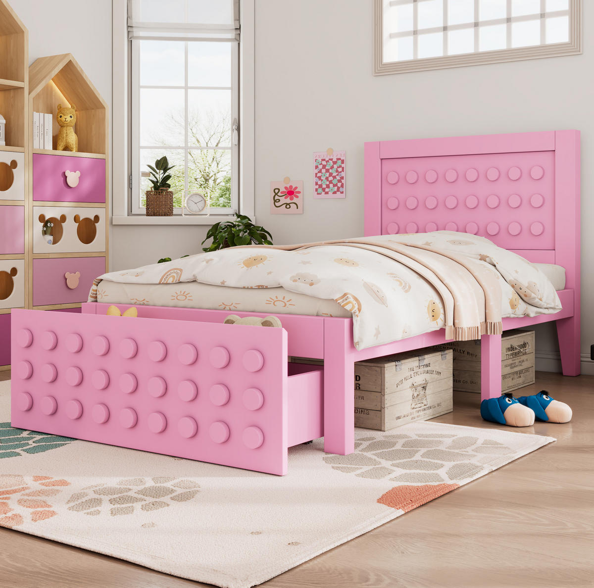 KINDERBETT 90/190 cm Rosa mit kreativem Blockdesign und Stauraum - Pink, Holzwerkstoff (90/190cm) - OKWISH