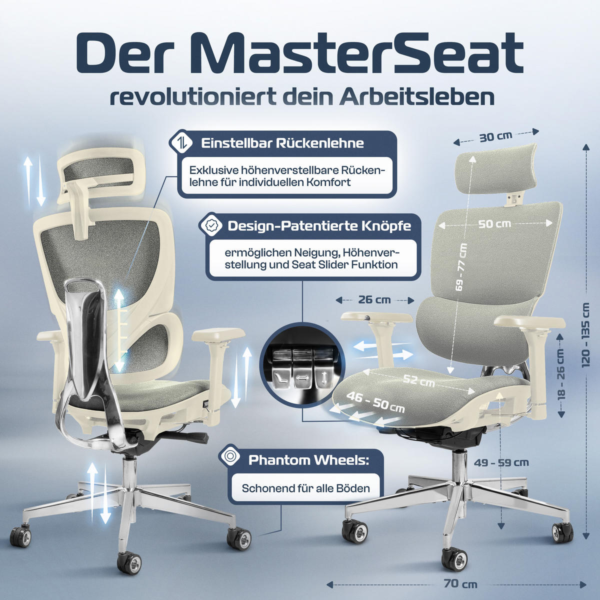 BÜROSTUHL MasterSeat Creme-Weiß - Beige/Silberfarben, Kunststoff/Textil (70/135/70cm) - Clouvou