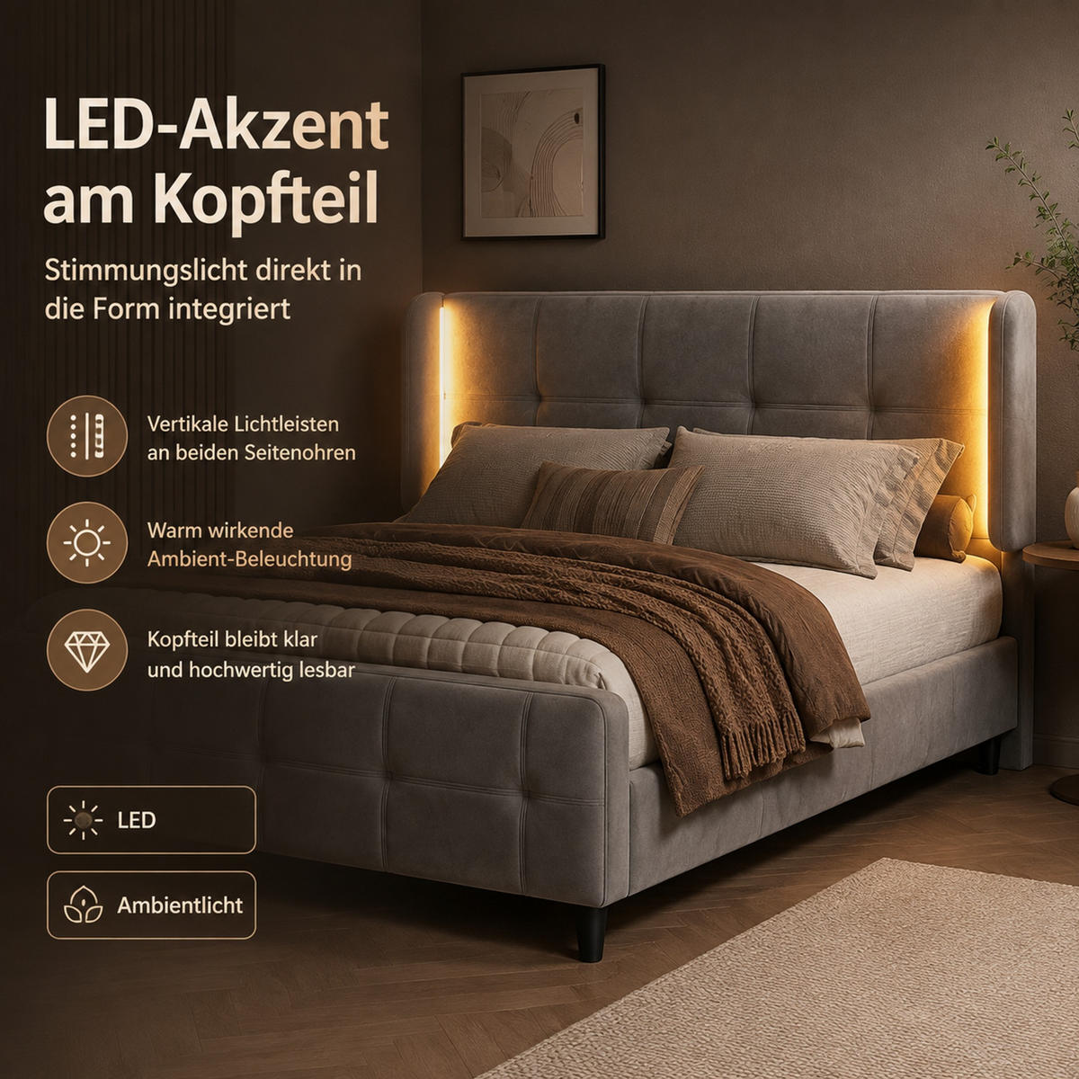 POLSTERBETT 140/200 cm Grau aus Samt mit LED-Beleuchtung - Grau, Textil (140/200cm) - OKMYHOME