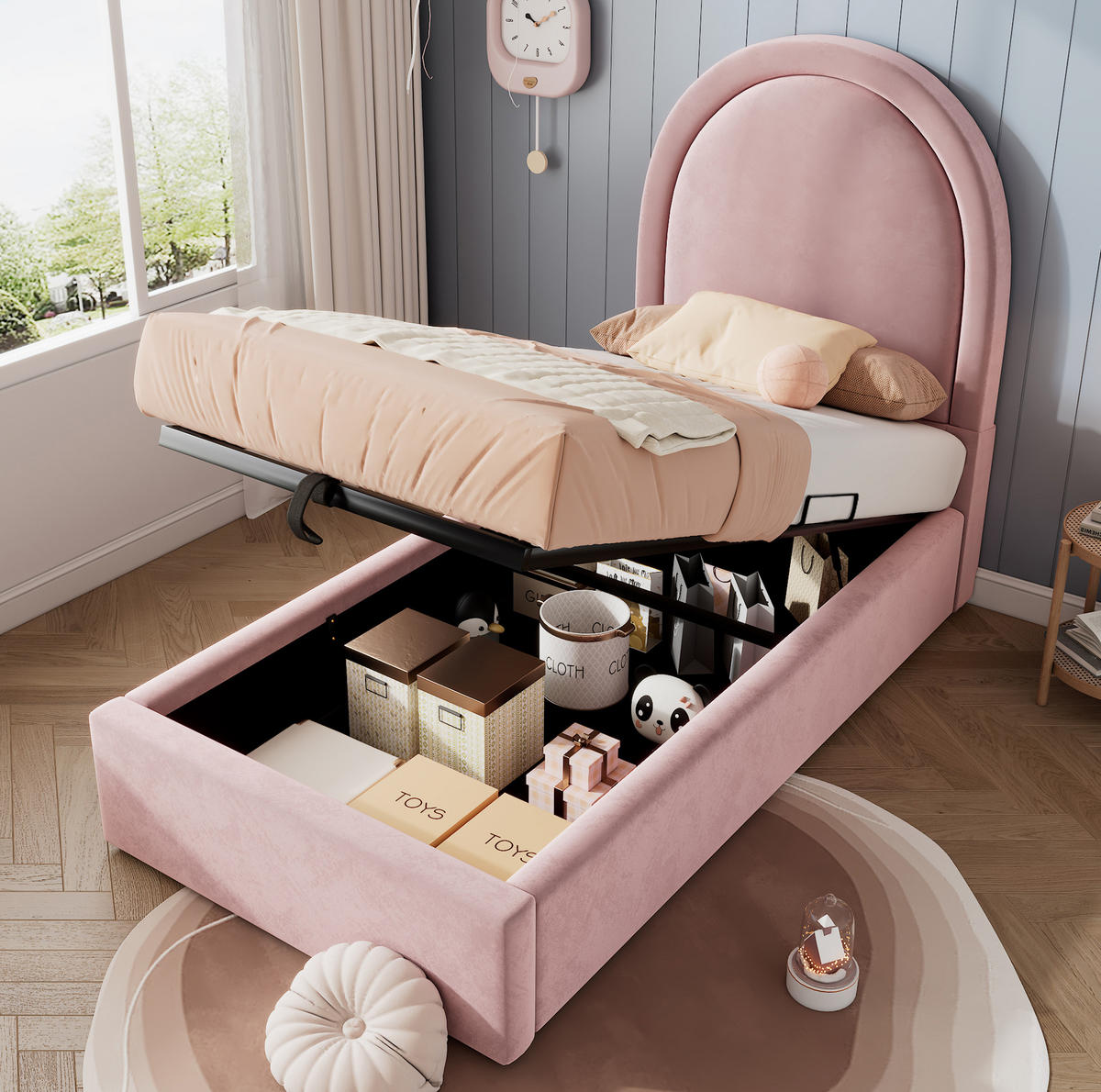 POLSTERBETT 90/200 cm Rosa aus Samt mit Bettkasten und Matratze - Rosa, Textil (90/200cm) - Flora Grace