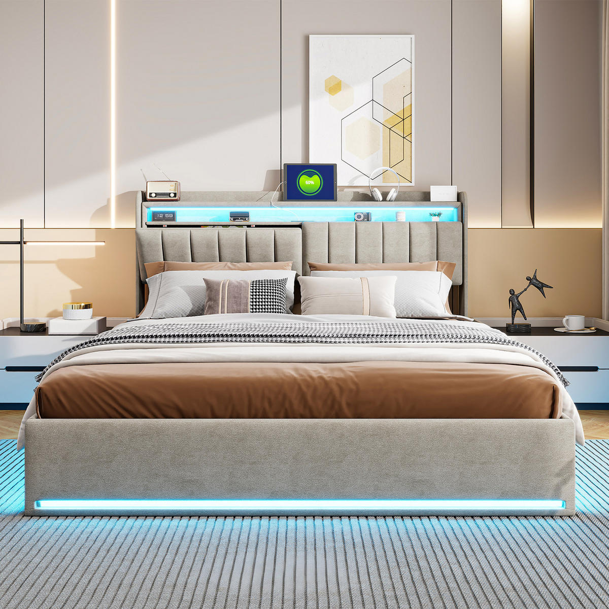 POLSTERBETT 140x200 cm mit LED, USB Und Type-C, Doppelbett mit Bettkasten 140x200, Stauraum, Grau Samt - Grau, Textil/Metall (140/200cm) - GENKI LIVING