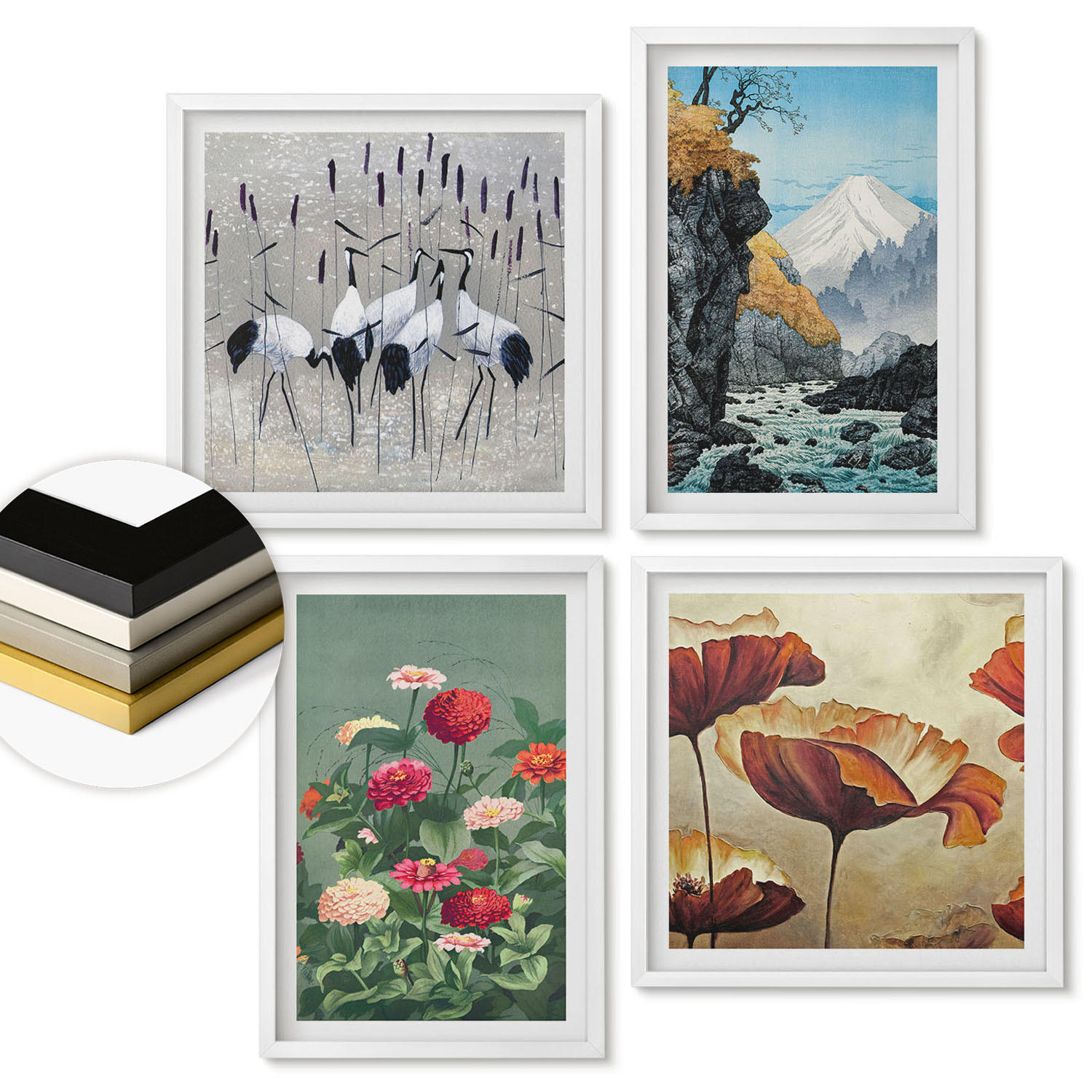 WANDBILDER 4er-Set - 50x50 cm & 40x60 cm Weißer Rahmen - Berge, Wasserfälle, Vögel, Blumen - Weiß, Kunststoff (50/50cm) - ArtPrintCave