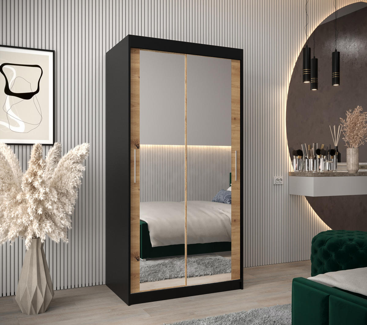 SCHWEBETÜRENSCHRANK 200/100/62 2-türig - Silberfarben/Schwarz, Holz/Kunststoff (100/200/62cm) - Abiks Möbel