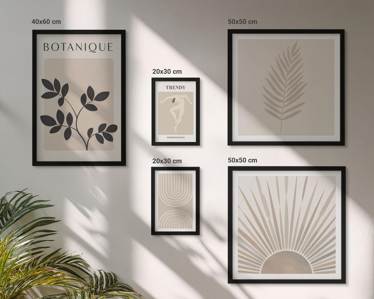 BILDER SET 5er Set - 50x50 cm & 20x30 cm & 40x60 cm Schwarzer Rahmen - Abstrakte Poster im Boho-Stil in Pastellfarben - Schwarz, Kunststoff (40/60cm) - TULUP