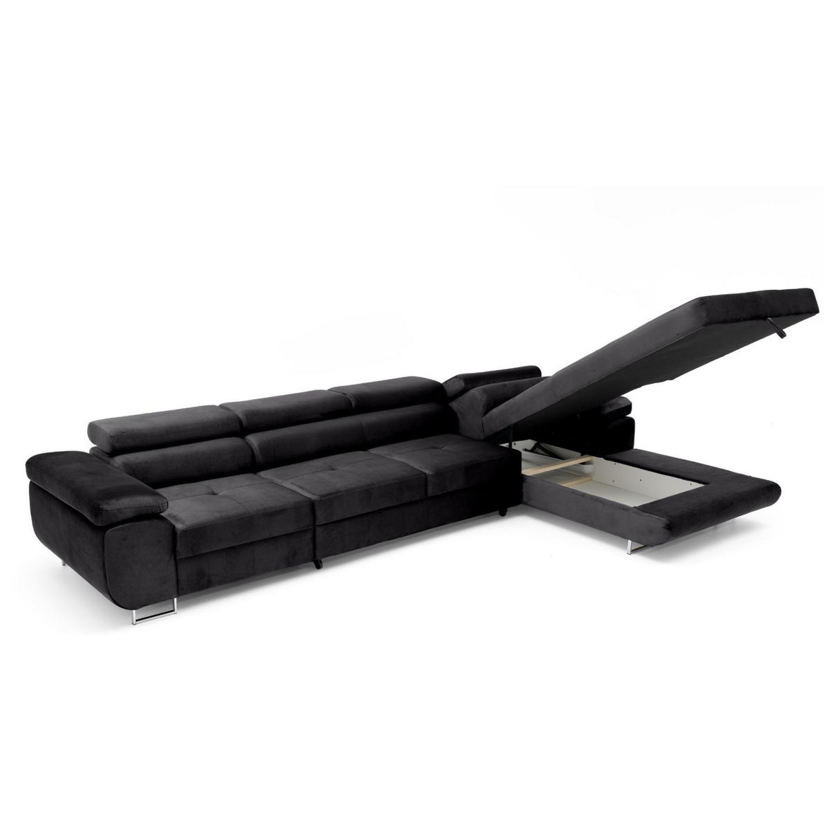 ECKSOFA ALONZO MAXI Rechts mit Schlaffunktion 125x195 Velours Schwarz - Silberfarben/Schwarz, Holz/Textil (203/350cm) - Muffo