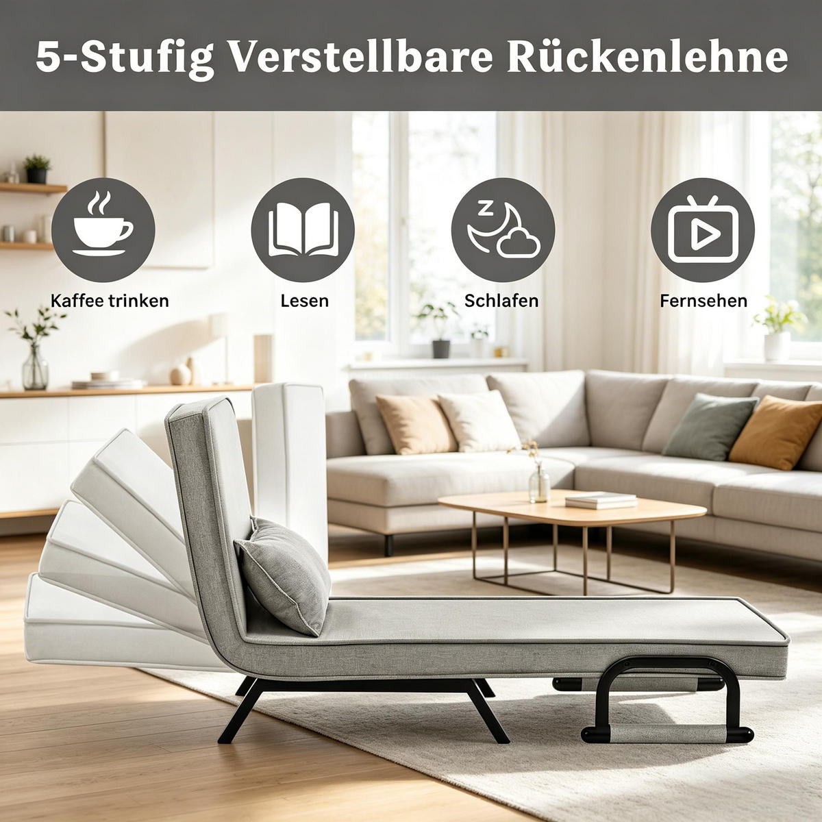 SCHLAFSESSEL 3-in-1, 5-fach verstellbar, DE-42146, Hellgrau - Hellgrau, Metall (75/78/65cm) - ComfortXL