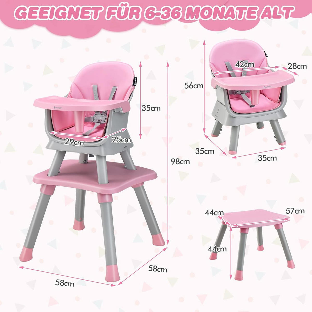 BABYHOCHSTUHL Pink - Pink, Kunststoff (58/98/58cm) - COSTWAY