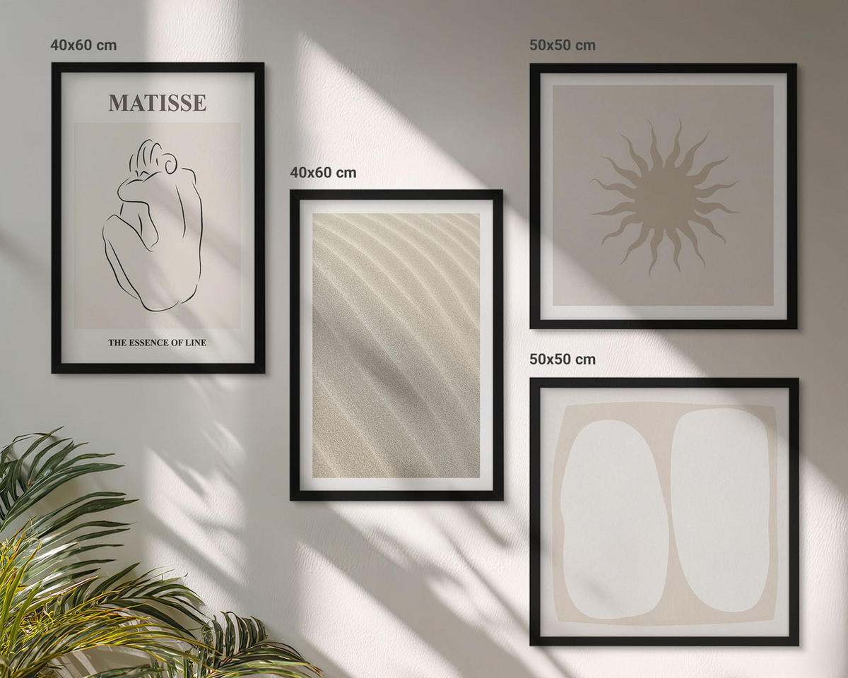 BILDER SET 4er Set - 50x50 cm & 40x60 cm Schwarzer Rahmen - Minimalistische Sandwellen - Schwarz, Kunststoff (50/50cm) - TULUP