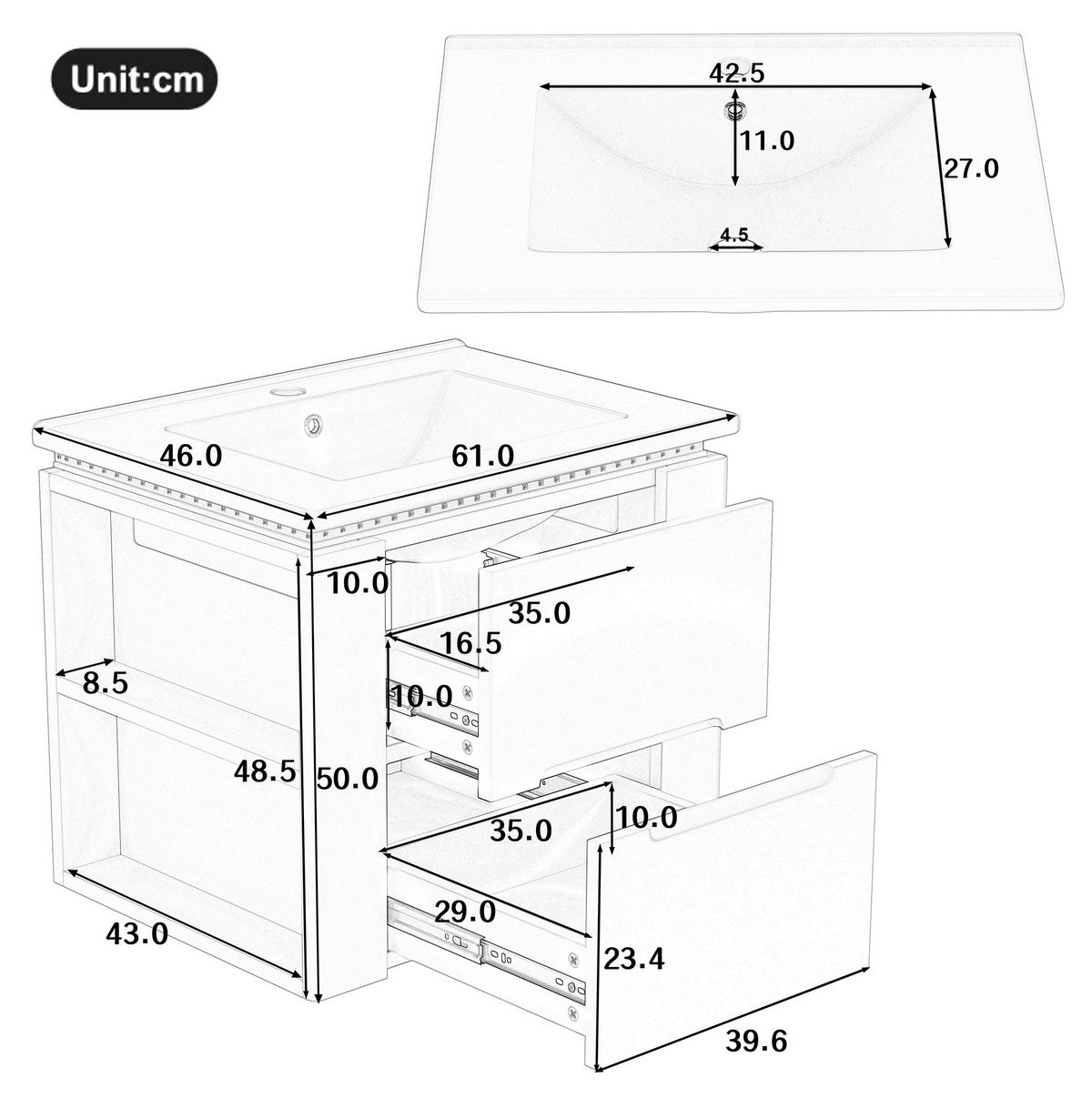 WANDMONTIERTER Badezimmerschrank 61x46x48.5cm in Weiß mit Radar-Sensor-LED & Keramikbecken - Weiß, Holzwerkstoff (61/48.5/46cm) - Modfu
