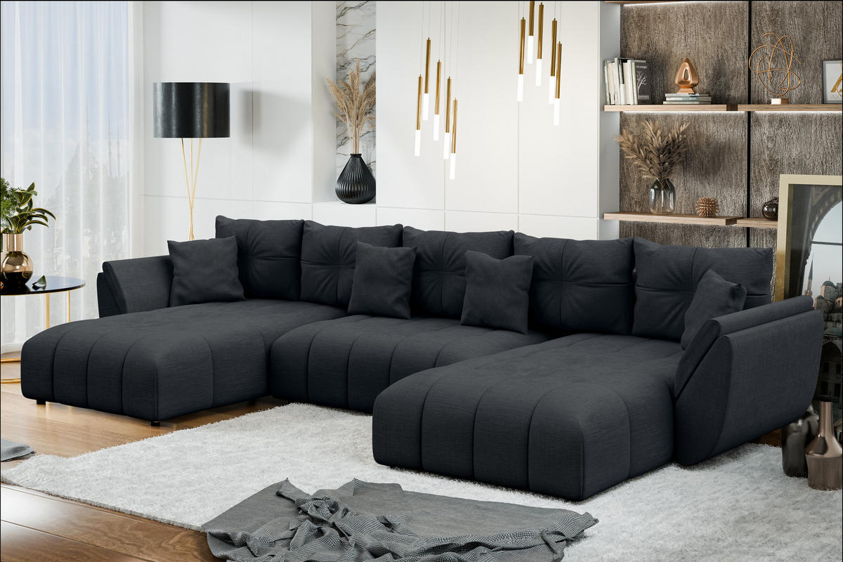 WOHNLANDSCHAFT Antalya Schwarz 382/190/91 cm – Sofa mit Bettfunktion - Schwarz, Kunststoff/Textil (382/91/190cm) - AX Living
