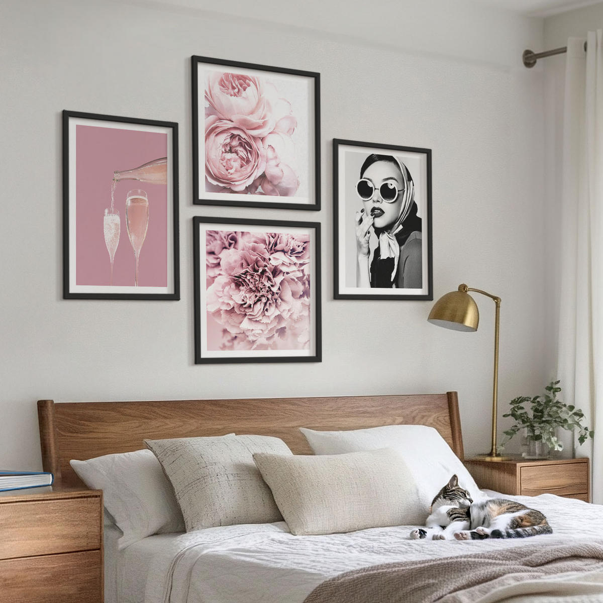 BILDER SET 4er Set - 50x50 cm & 40x60 cm Schwarzer Rahmen - Blumen, Pfingstrosen, Rosen, Eleganz - Schwarz, Kunststoff (50/50cm) - TULUP