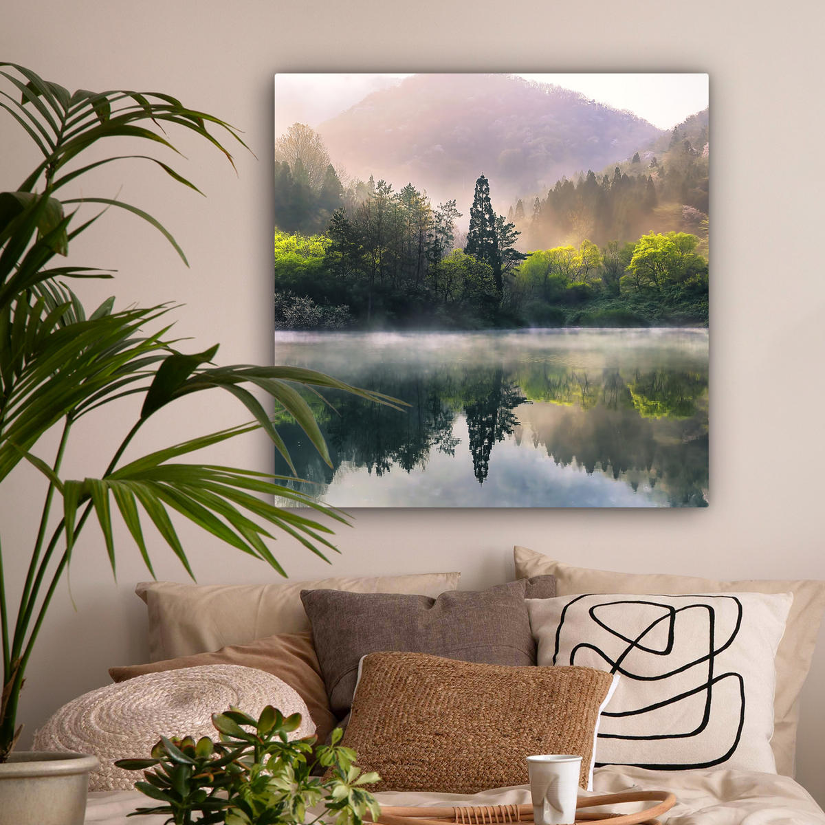 LEINWANDBILD Natur - Bäume - Berge - See - Wasser 90x90 cm - Hellgrün, Textil (90/90cm) - MuchoWow