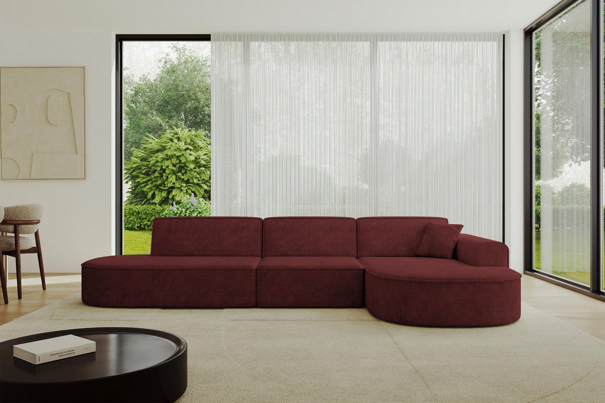 ECKSOFA Ottomane Rechts MARI-L2 - 328x171x79 cm Bordeaux Velours - Bordeaux/Schwarz, Holzwerkstoff/Kunststoff (171/328cm) - ALTDECOR