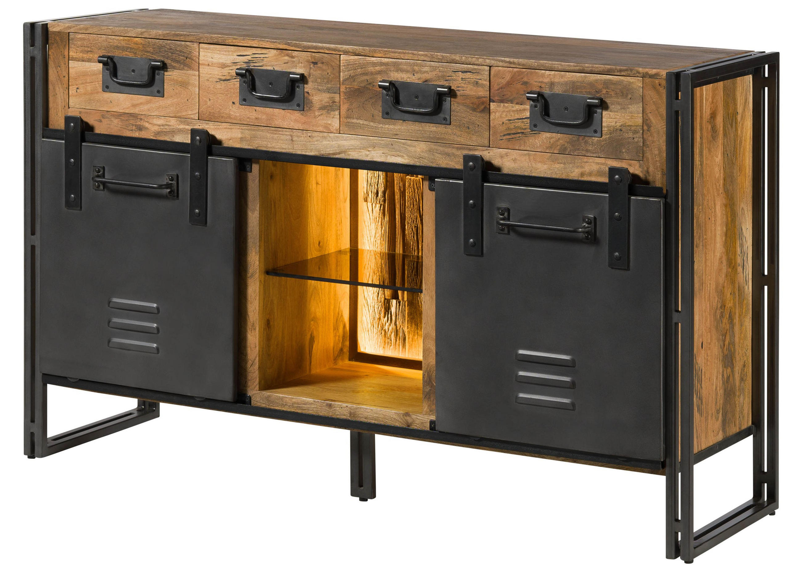 SIDEBOARD Mango / Altholz 150x45x90 natur / grau lackiert / Metall grau BLACKBURN LUX #410 - Braun, Holz (150/90/45cm) - Massivmoebel24