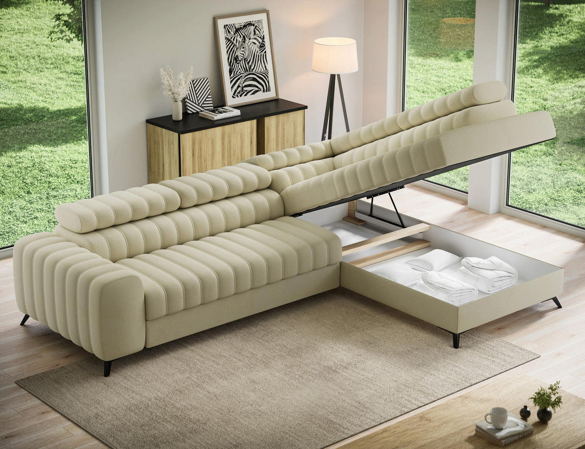 KANEDO Ecksofa mit Schlaffunktion und Bettkasten – Modernes Designsofa, verstellbare Kopfstützen, Metallfüße - Beige, Kunststoff (269/86cm) - Wohnideebilder