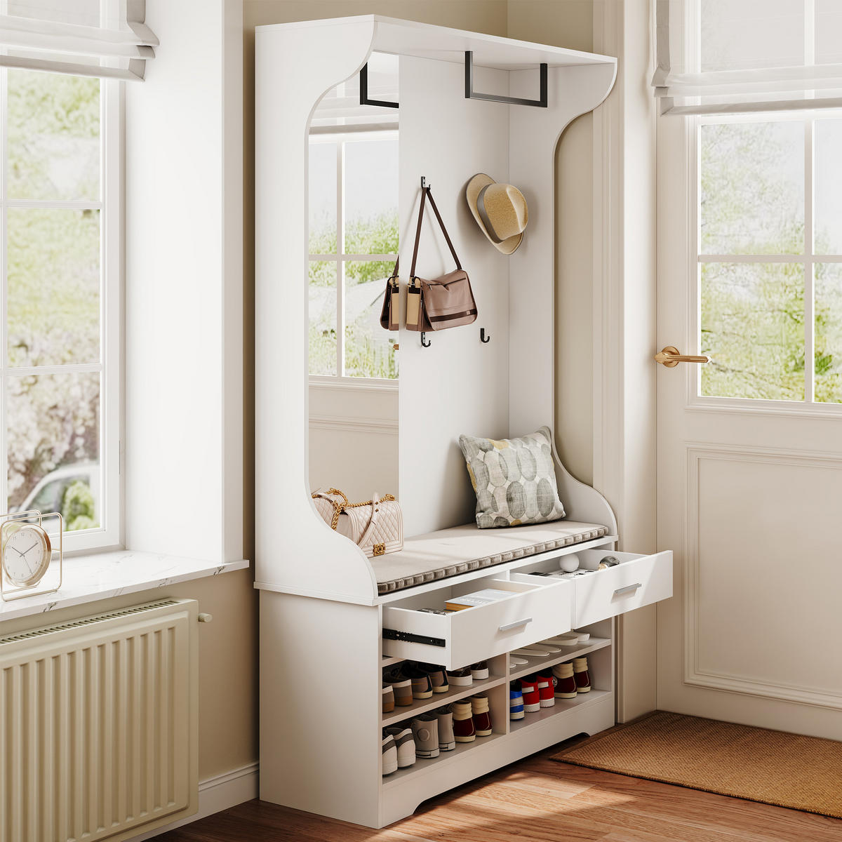 GARDEROBENSTÄNDER, weiß, Spiegel, Haken, Stange, Schuhfach integriert - Weiß, Glas (100/180/35cm) - EuroLiving