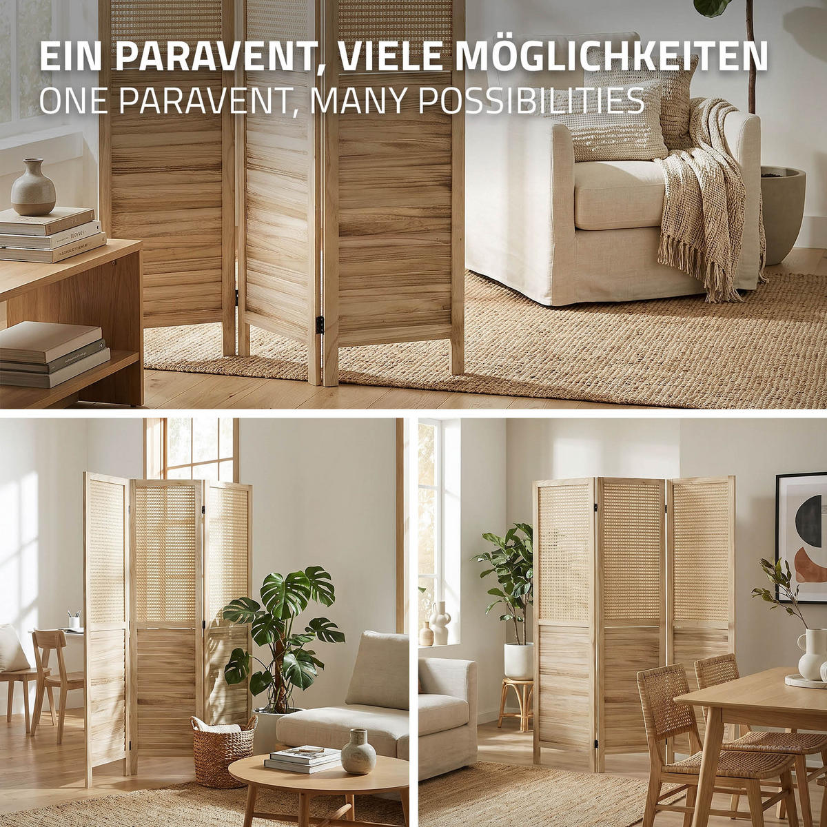 PARAVENT 3dílný Osaka 170x121 cm přírodní ze dřeva - hnědá, dřevo (121/170/2cm) - ML-DESIGN