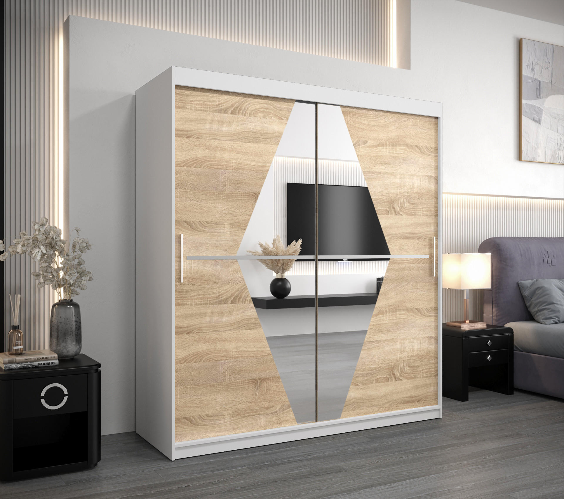 SCHWEBETÜRENSCHRANK 200/180/62 2-türig - Silberfarben/Weiß, Holz/Kunststoff (180/200/62cm) - Abiks Möbel