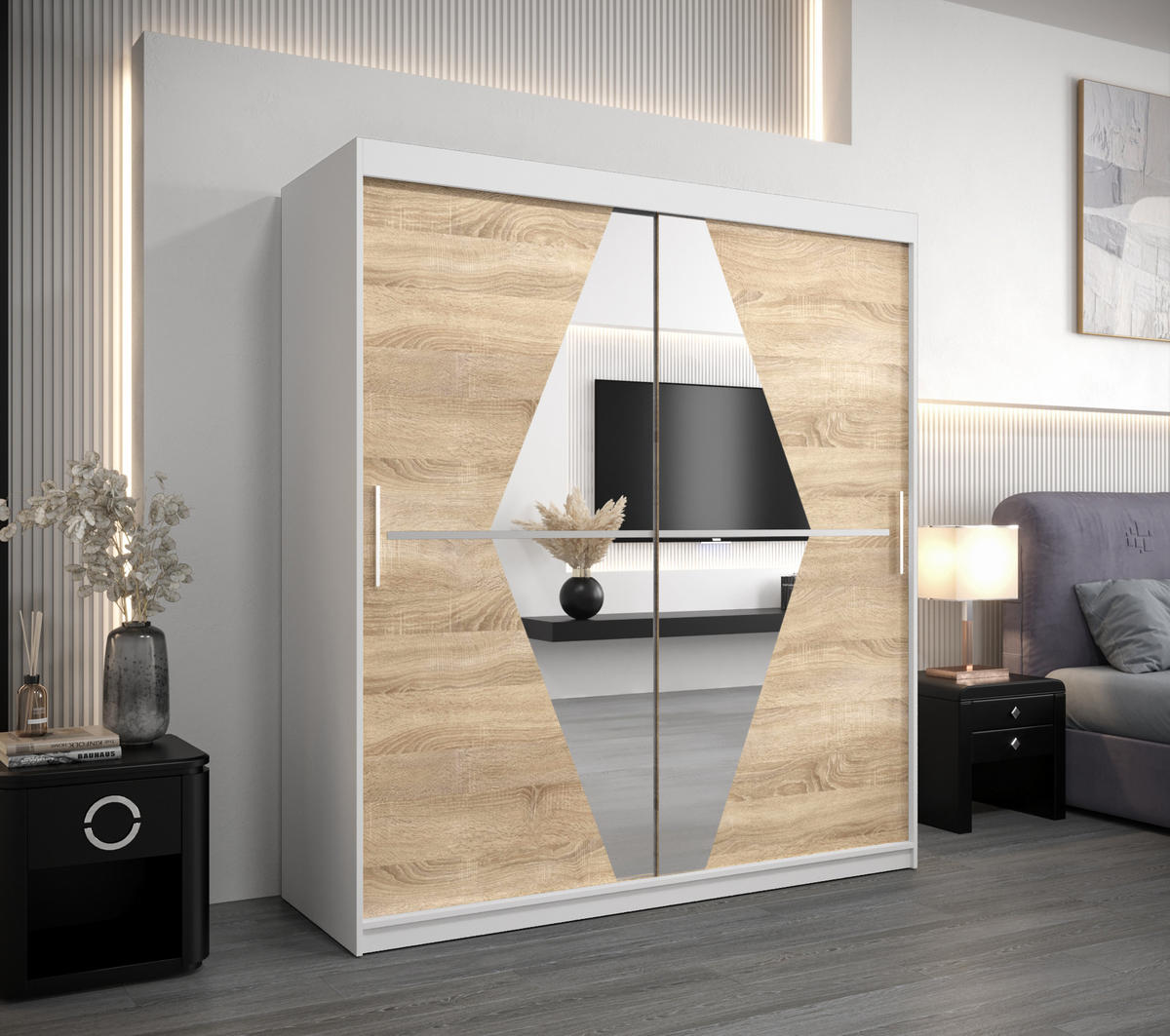 SCHWEBETÜRENSCHRANK 200/180/62 2-türig - Silberfarben/Weiß, Holz/Kunststoff (180/200/62cm) - Abiks Möbel
