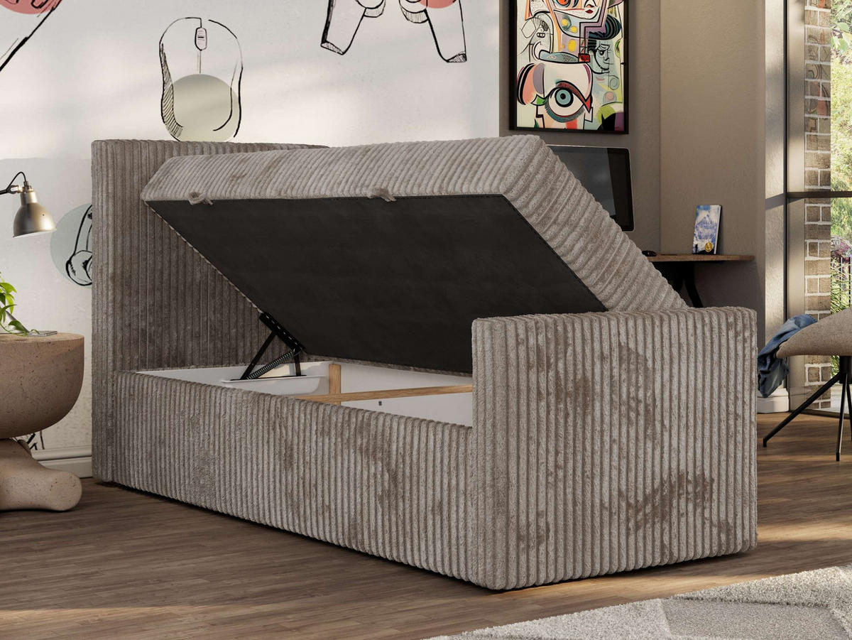 JUGENDBETT TILIO DUO 90/200 - Hellbraun Cord - H4 - Links Seite - Hellbraun, Textil (90/200cm) - MKS