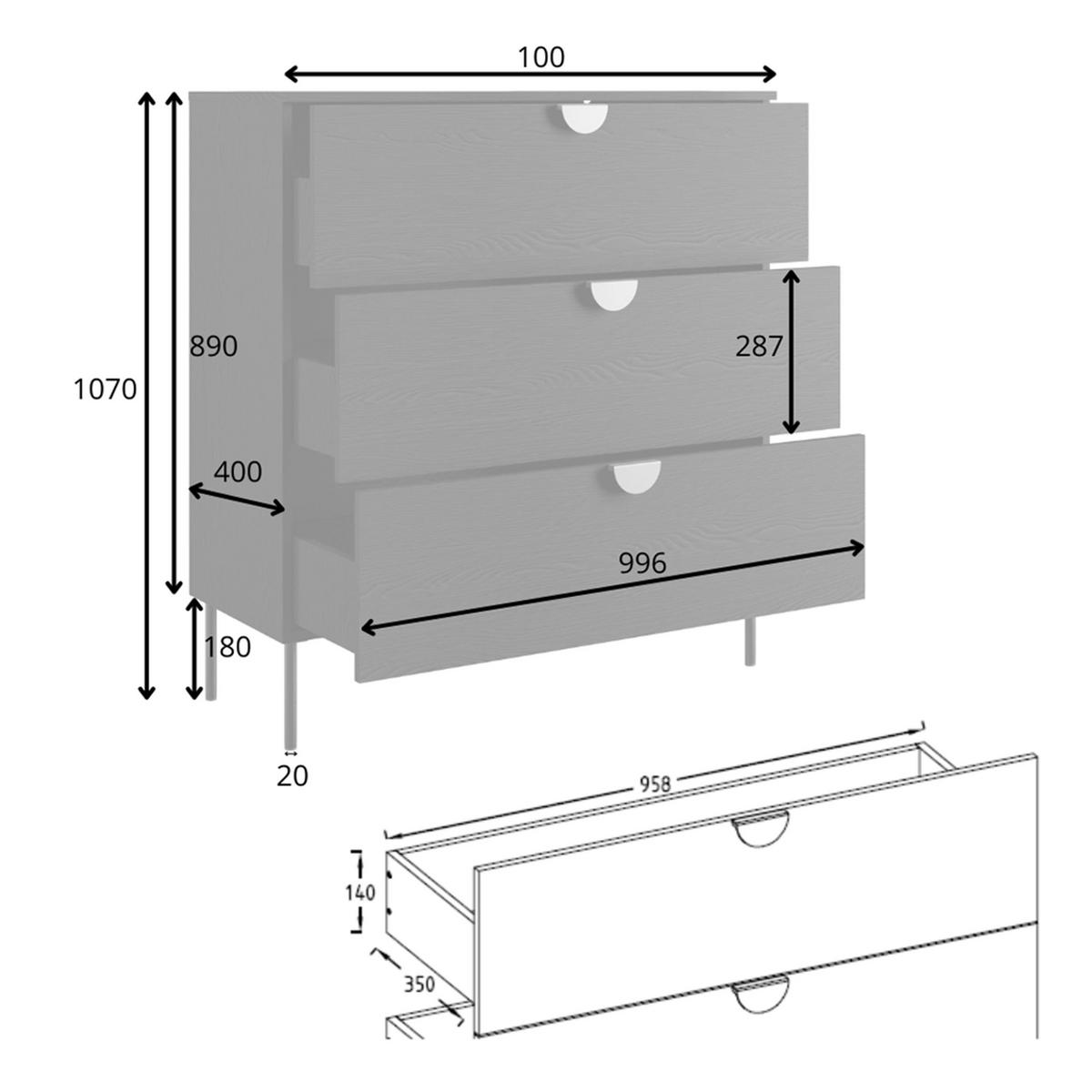 SIDEBOARD Brunelli 3S Schwarz 100/100,7/40 cm – mit geräumigen Schubladen - Schwarz, Holzwerkstoff/Metall (100/100.7/40cm) - AX Living