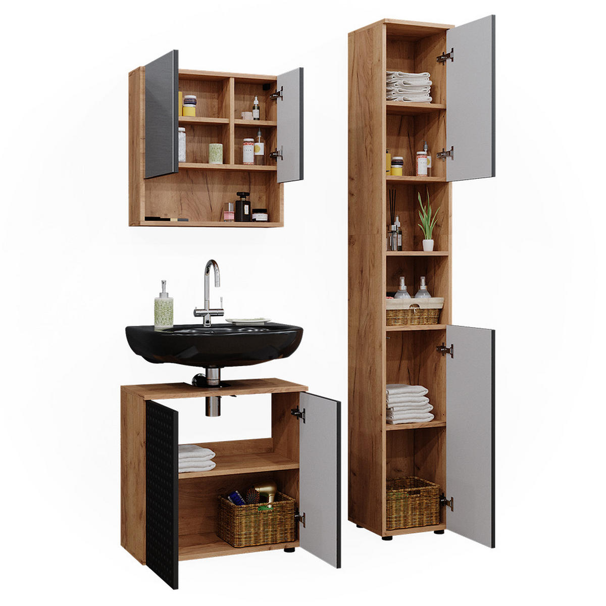 BADMÖBEL-SET Irma Anthrazit gepunktet 3 Teile, mit Hochschrank - Anthrazit/Eiche Wotan, Holzwerkstoff (80/58.6/41cm) - Vicco