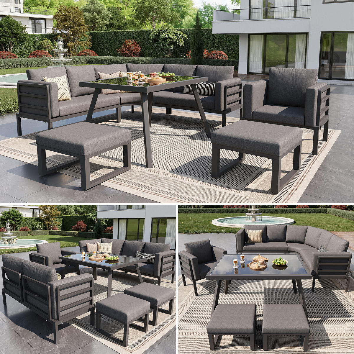 GARTENLOUNGE-SET Sitzgruppe für 8 Personen mit L-förmiges Gartensofa&Tisch Essgruppe - Grau, Textil/Metall - STILVORA