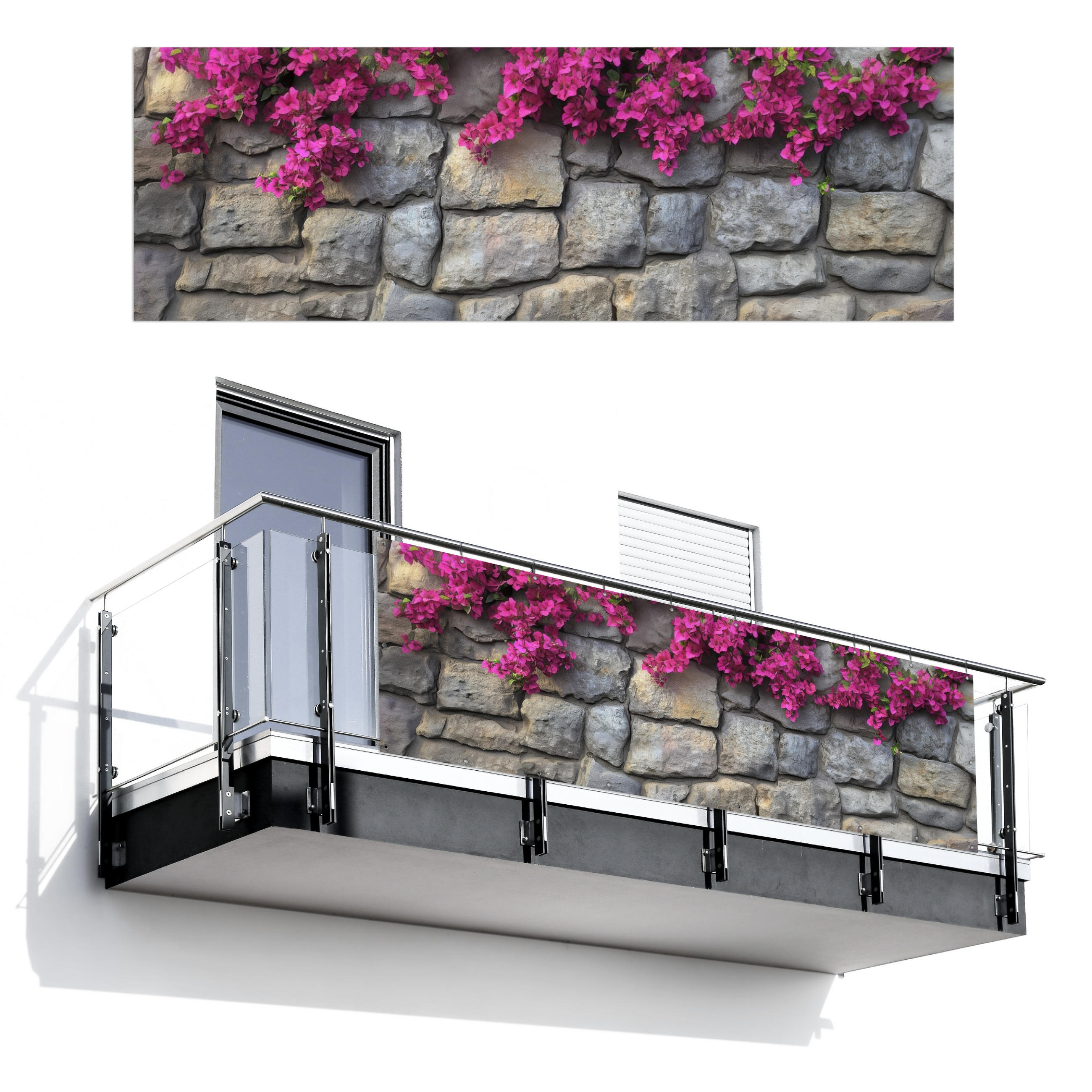 BALKON-SICHTSCHUTZ Bougainvillea - Steinmauer - Rosa - Magenta, Kunststoff (300/100cm) - MuchoWow
