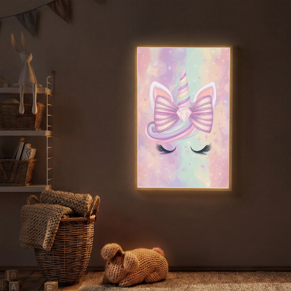NÁSTĚNNÁ LAMPA S AKUMULÁTOREM Jednorožec - Třpytky - Duha - Pastelové barvy 60x90 cm - světle růžová, kompozitní dřevo (60/90/8cm) - OnlyWow