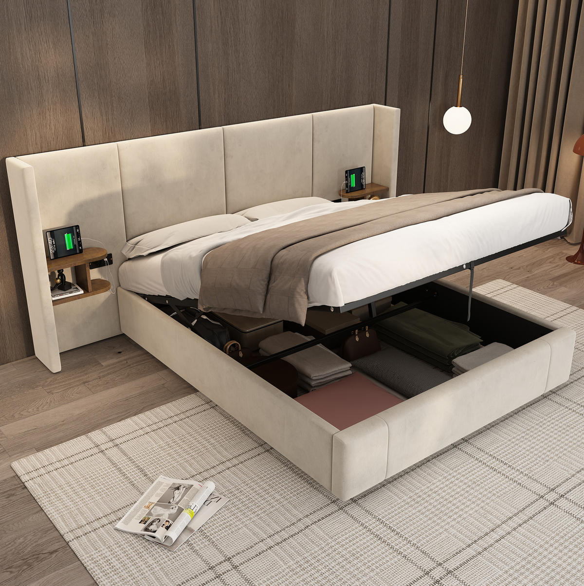 POLSTERBETT mit Stauraum 160x200 cm Samt Beige mit 2 Nachttischen - Beige, Metall (160/200cm) - Meubliv