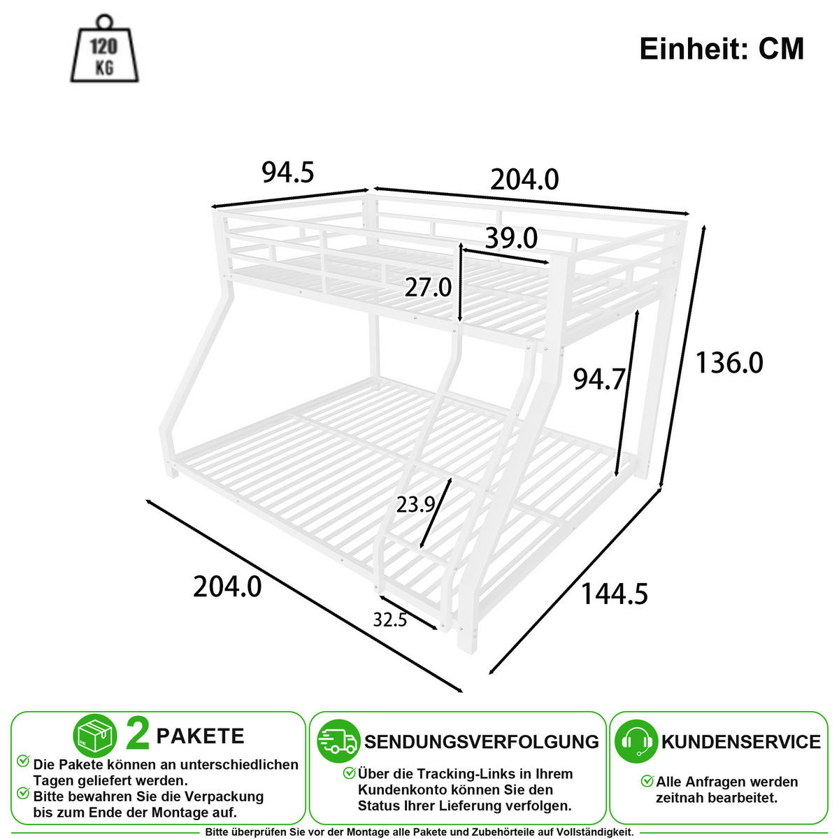 ETAGENBETT 90/200 cm & 140/200 cm in Weiß mit Geländer und Stufe aus Metall - Weiß, Metall (90/200cm) - CHICFURN