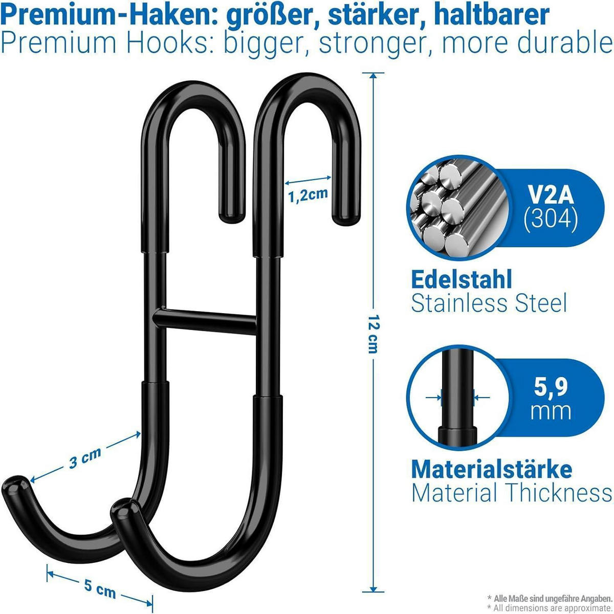 DUSCHHAKEN 2er Set Schwarz Edelstahl - Schwarz, Metall (5/3/12cm)