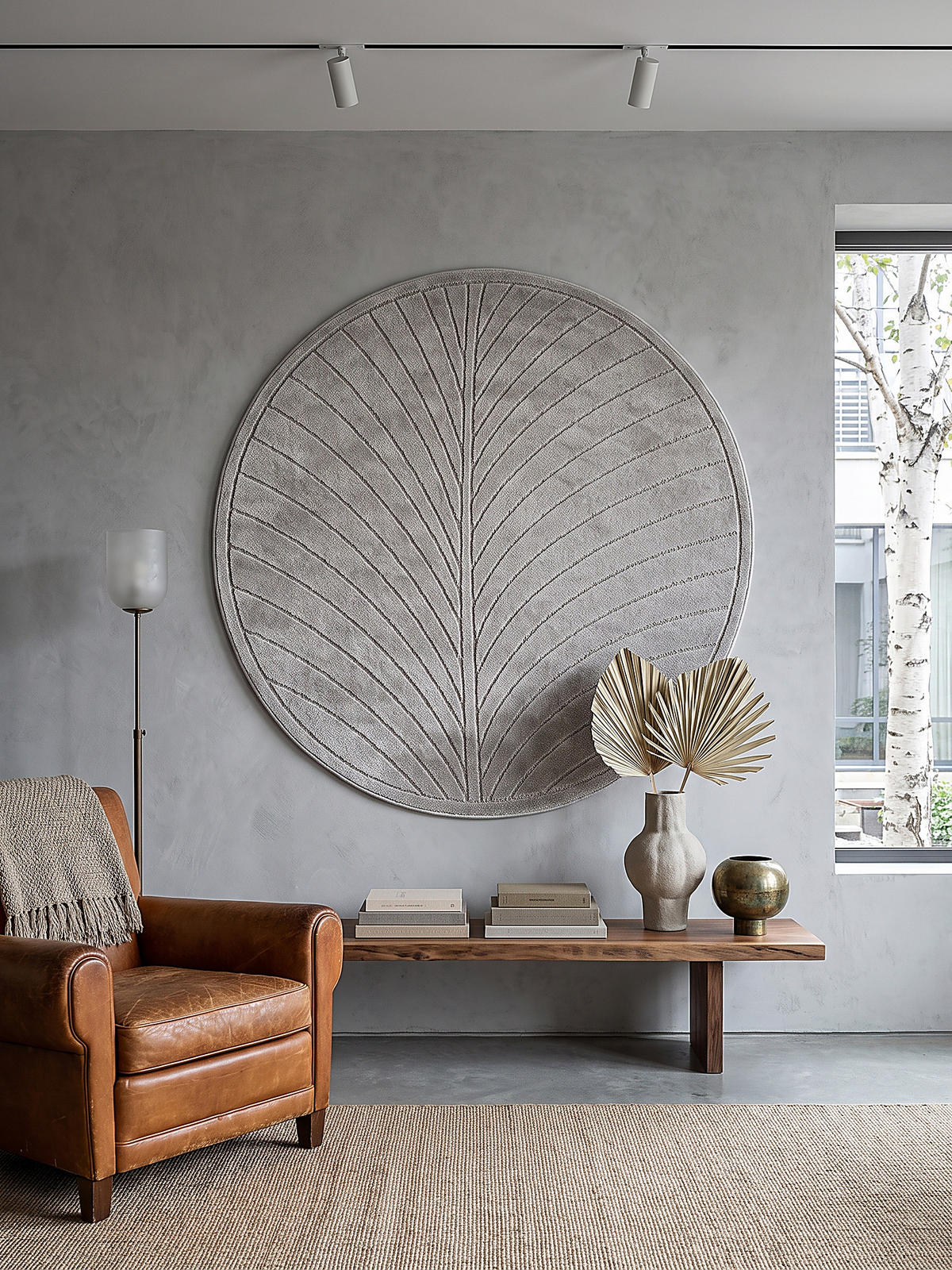 TEPPICH Outdoor, Fußbodenheizung-geeignet, mit Blattmotiv, aus Polypropylen, ENGADIN in Silbergrau, Ø 160 cm - Grau, Textil (160/160cm) - KADIMA DESIGN