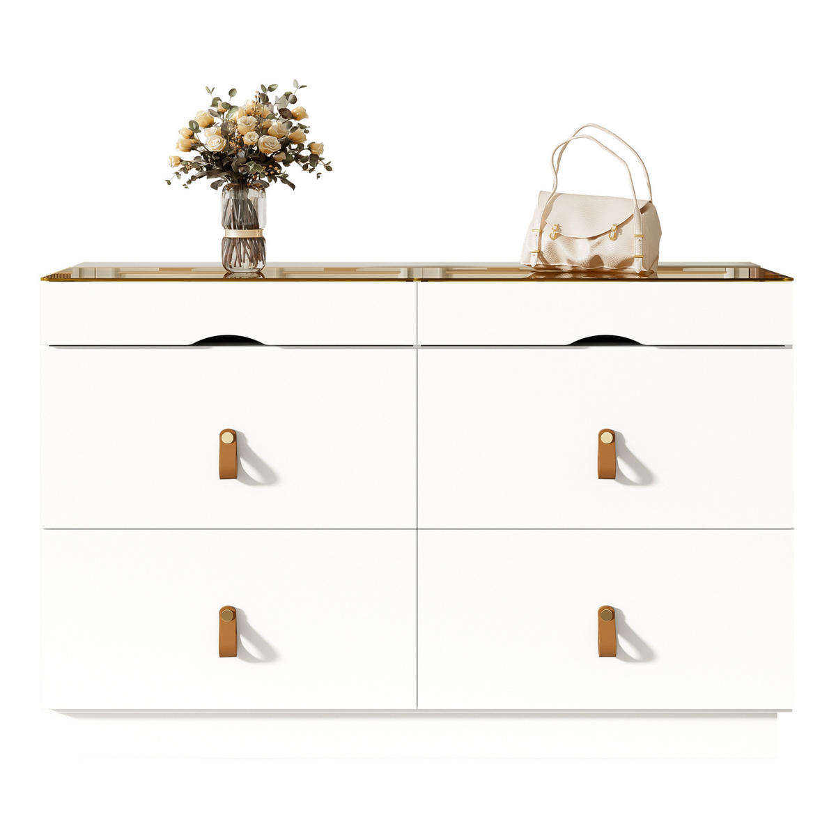 KOMODA 120/40/78 cm bílá z MDF a skla se 6 zásuvkami a zrcadlově hladkým skleněným víkem - bílá, sklo (120/78/40cm) - OKWISH