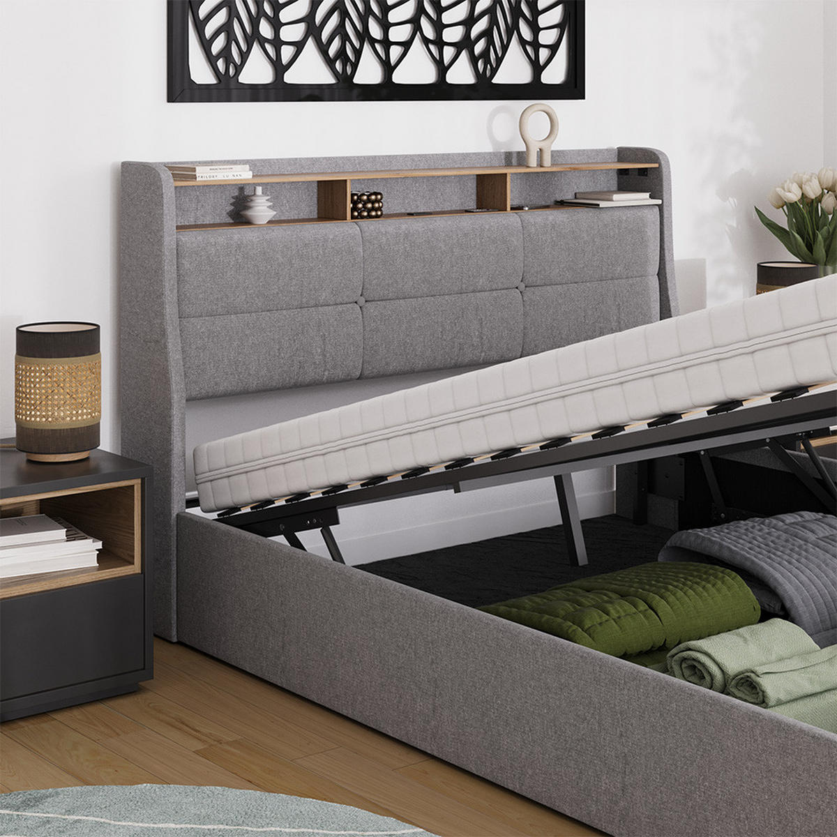 ČALOUNĚNÁ POSTEL Christin Šedá/dubová - šedá, kompozitní dřevo - VitaliSpa