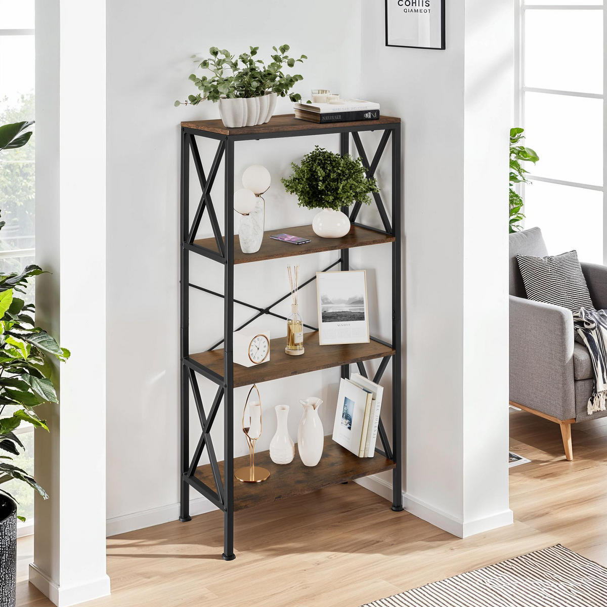 REGAL Barry,inklusive Kippschutz, 61,5 x 31,5 x 133,5 cm,Industrial Holz dunkel, rustikal - Rostfarben, Holzwerkstoff (31.5/133.5/61.5cm) - tectake
