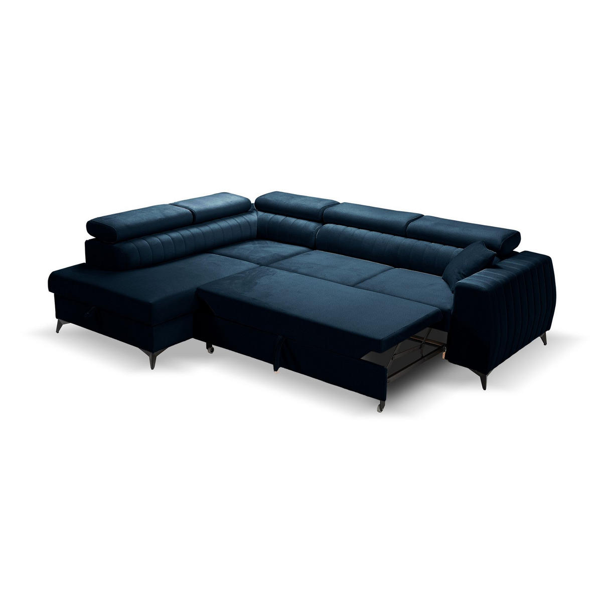 ECKSOFA PIERO L Links mit Schlaffunktion 195x125 Velours Dunkelblau - Schwarz/Dunkelblau, Holz/Textil (268/203cm) - Muffo