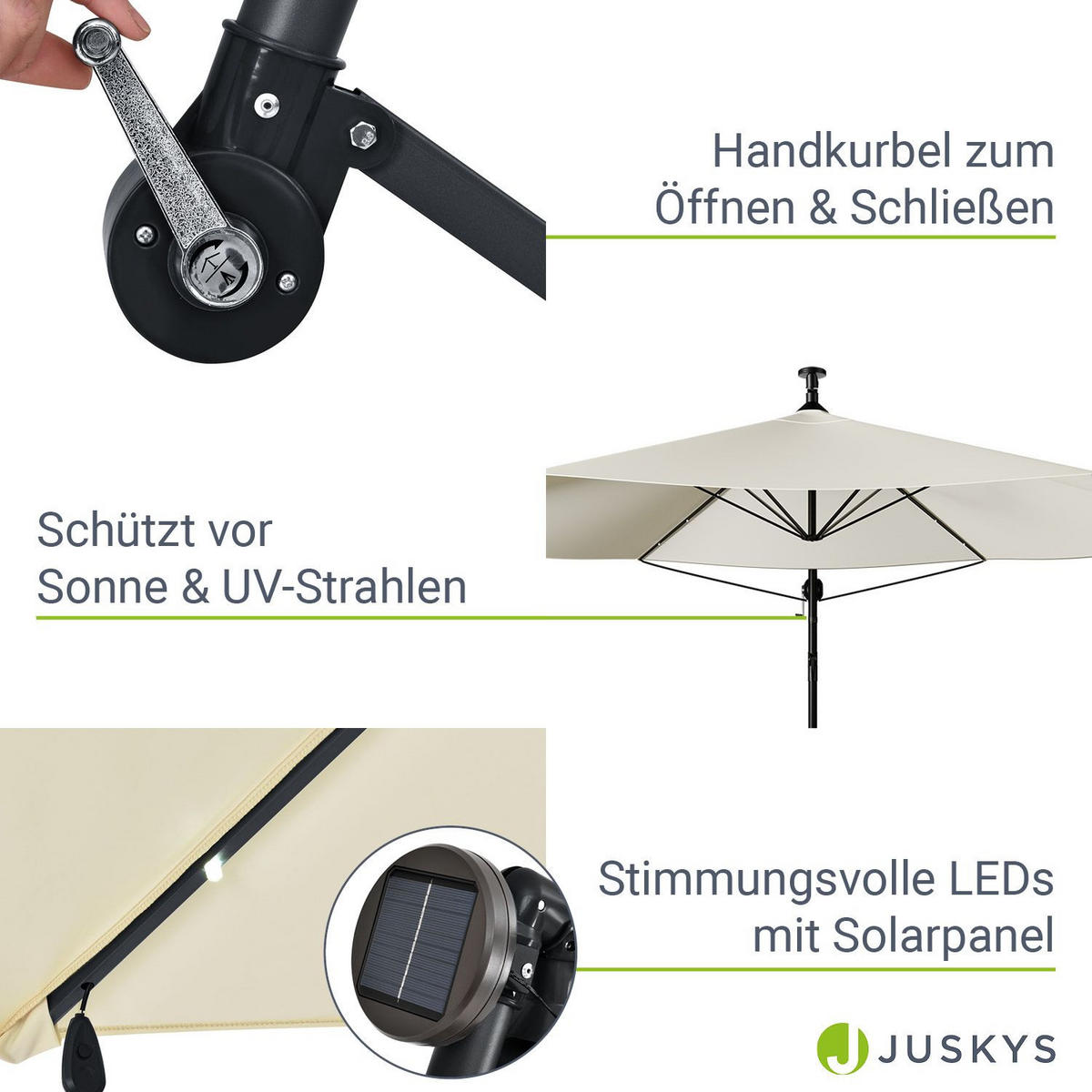 AMPELSCHIRM Brazil dunkelgrau/creme 3,5m mit LED, Kurbel und Standfuß - Creme, Metall (330/330cm) - Juskys