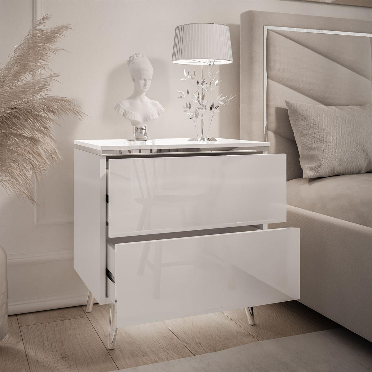 NACHTTISCH AURORA II SILVER Hochglanz Weiß mit LED-Beleuchtung – mit schrägen verchromten Beinen - Weiß Hochglanz, Holzwerkstoff (50/53/37cm) - Lookway